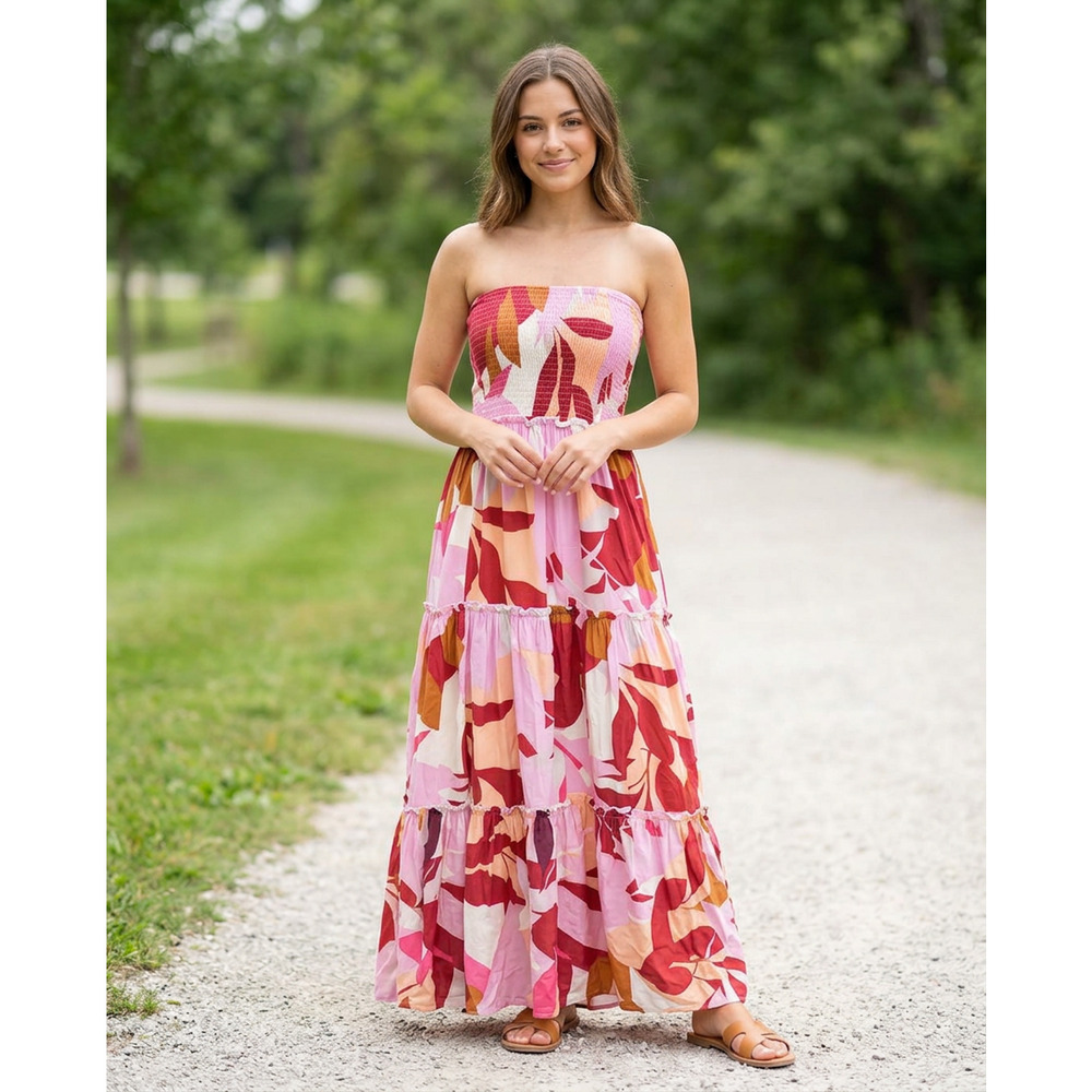 Anthropologie Strapless Maxi Dress in Pink, Red & Tan Floral Print